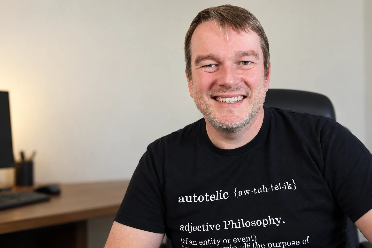Martin Adams, founder of Meda, smiling at his desk